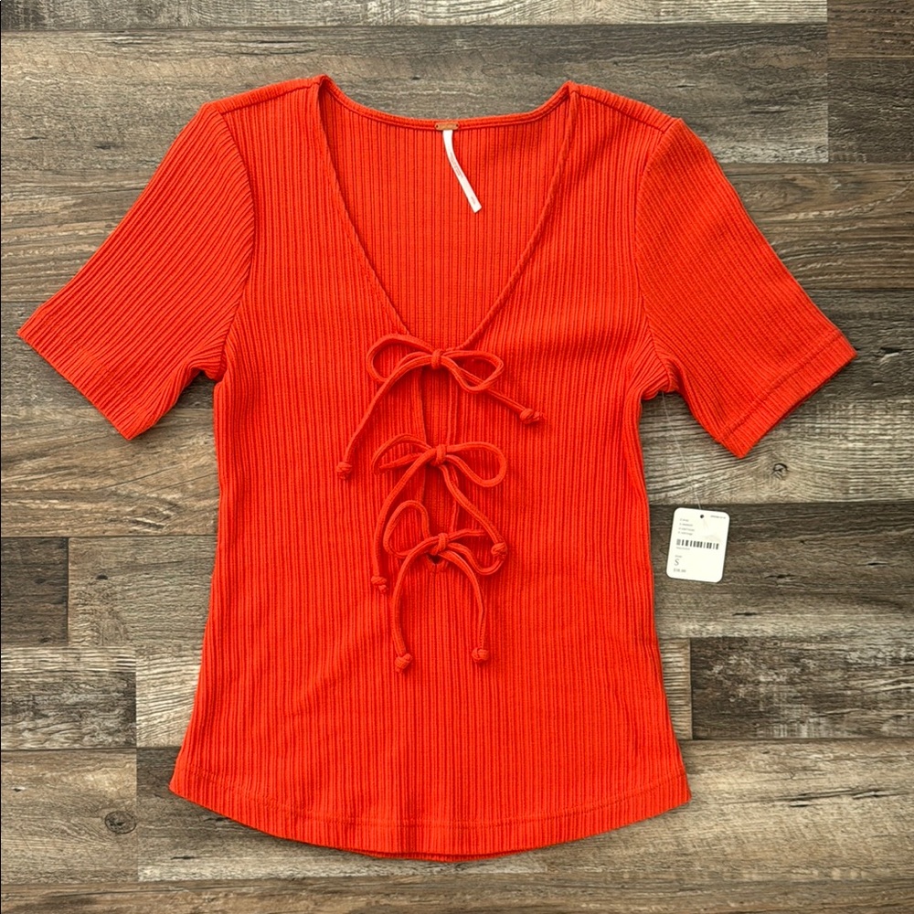 NWT Free People orange Ribbed Tie-Front Top